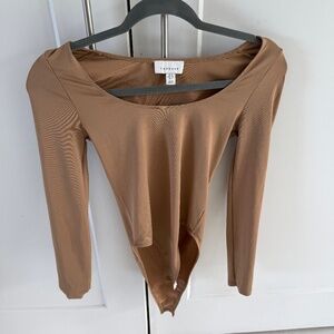 Topshop Long Sleeve Scoop Neck Full Coverage Bodysuit Brown Camel Size 4
